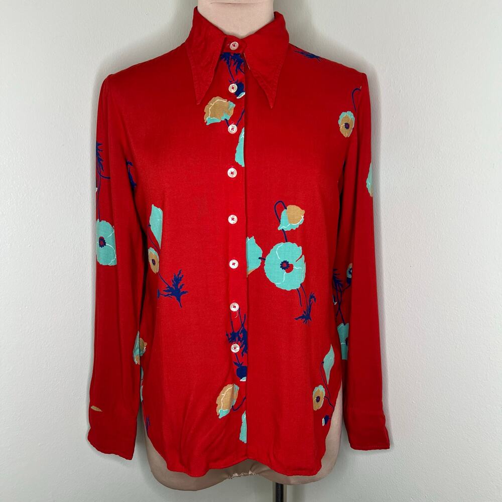 Vintage Junior House Button Up Shirt Large Womens Red Floral Pointed Collar 70s